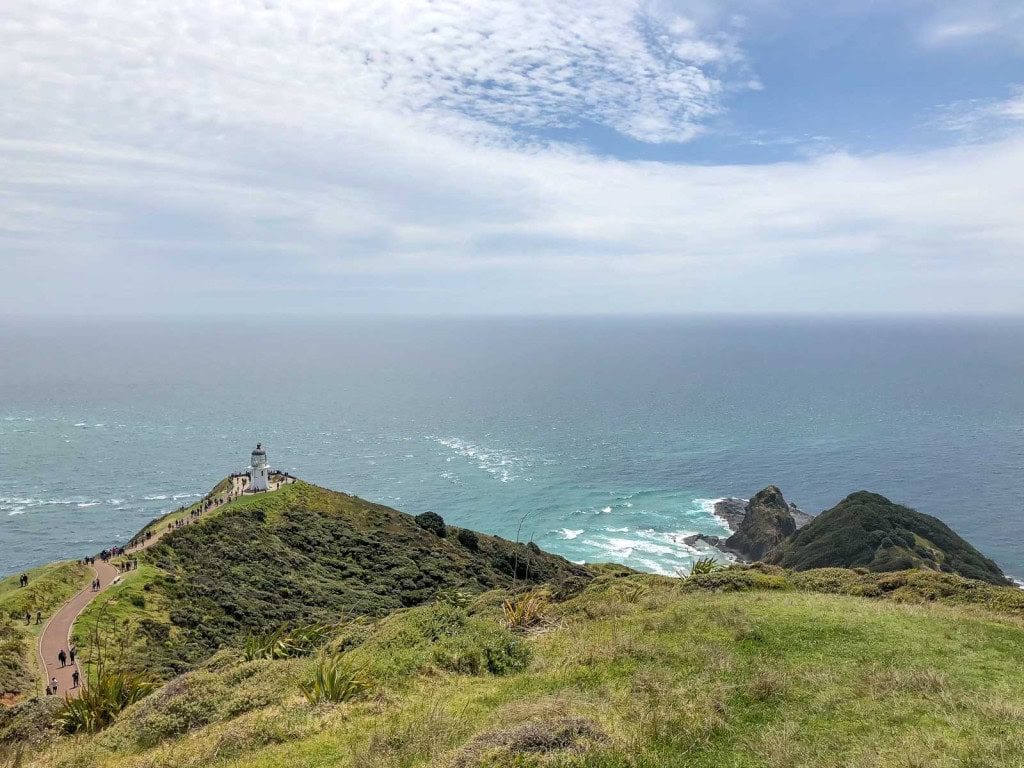 Overlooking the walking path to the Cape Reinga lighthouse in Northland, New Zealand.