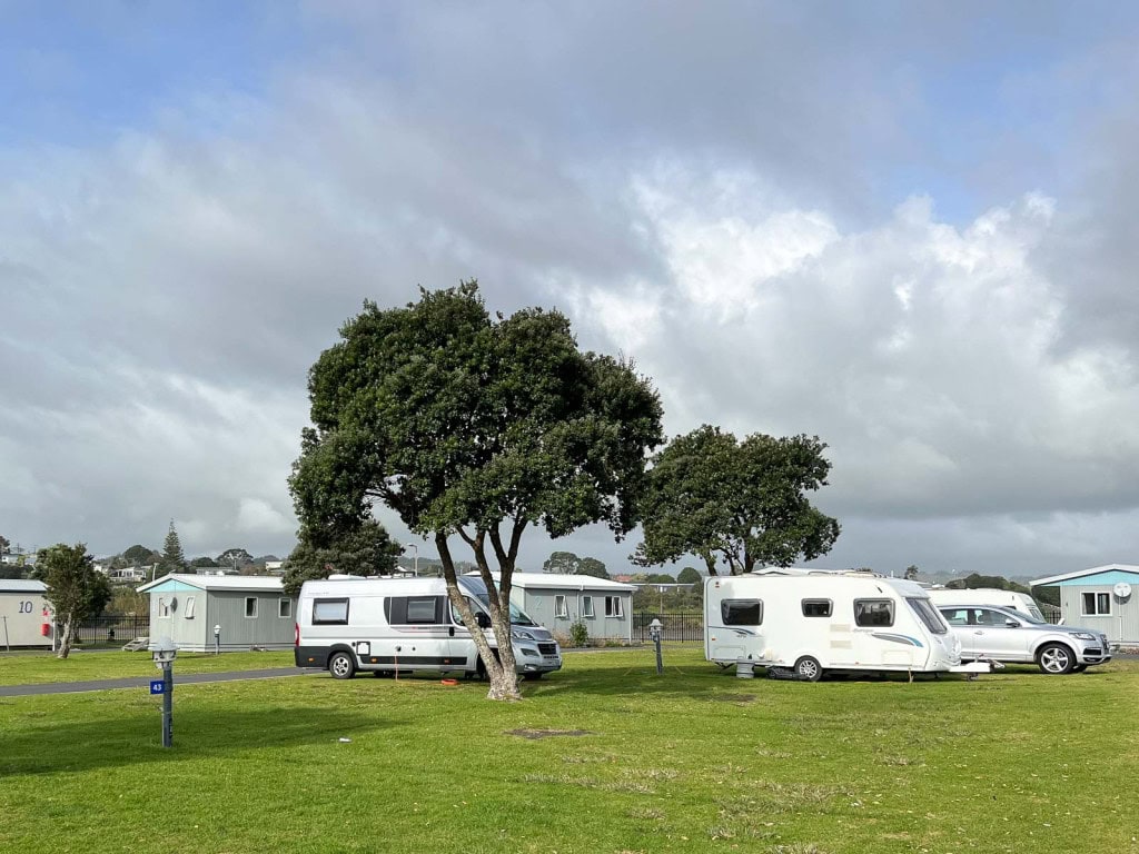 Powered campervan sites on the grass beneath two trees at the Raglan Holiday Park in New Zealand.