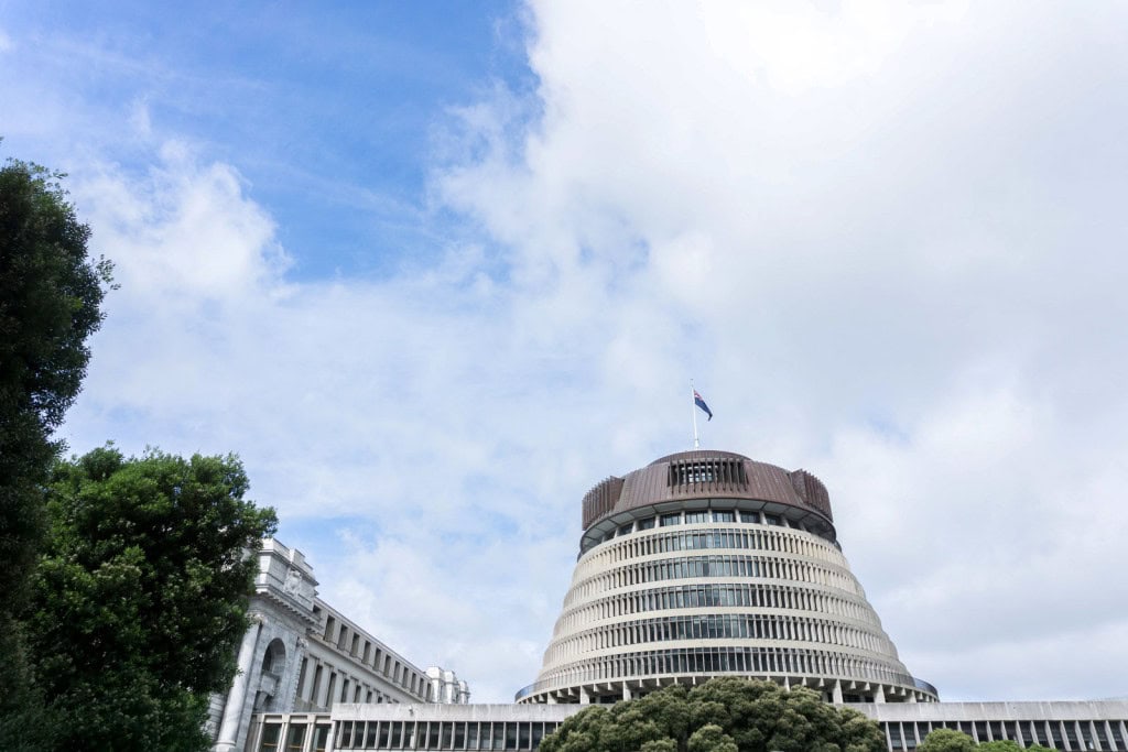 The Beehive, New Zealand's Parliament Building, a spherical building in the Brutalist style of architecture.