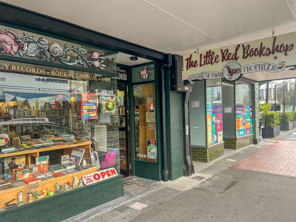 The front of the Little Red Bookshop, a secondhand bookstore in Hastings, Hawke's Bay.