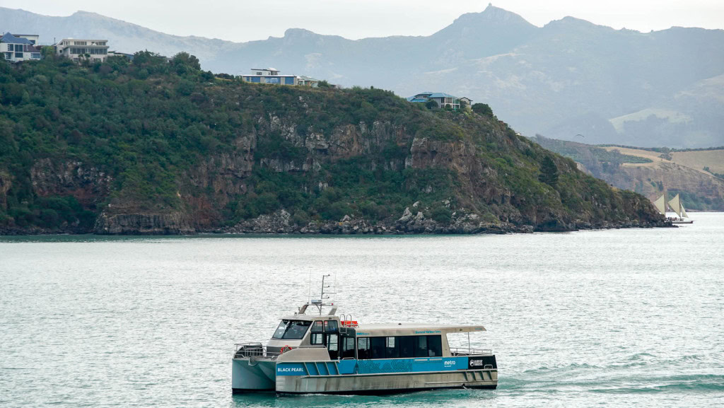 The ferry from Lyttelton to Diamond Harbour sailing in the harbour.