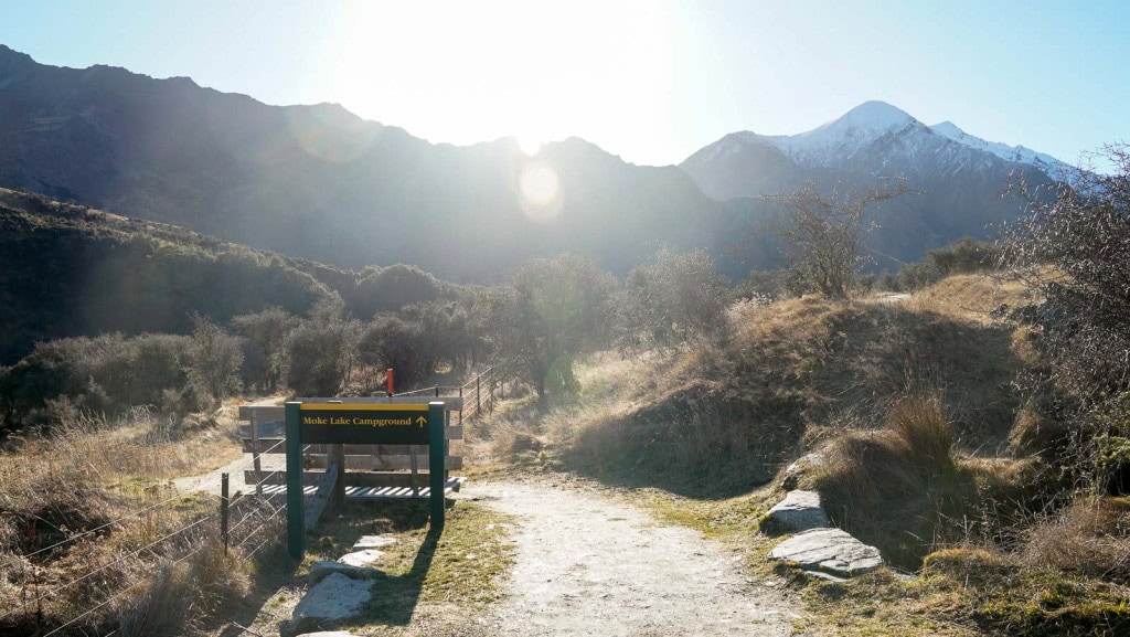 A sign for Moke Lake Campground on the Moke Lake Loop Track.