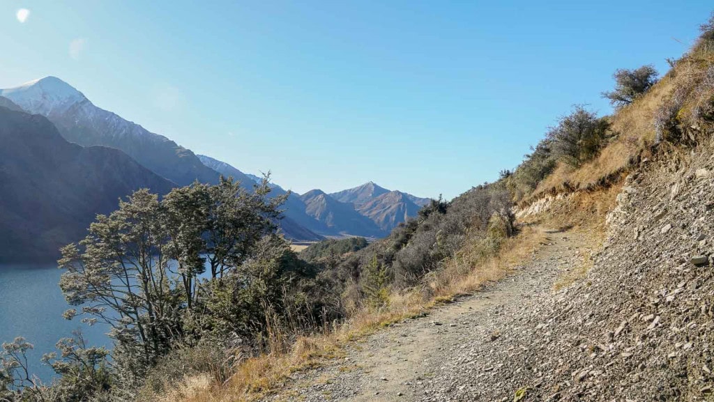 An uphill section of the Moke Lake Loop Track with beech trees on the side of the trail and mountains beyond the lake.